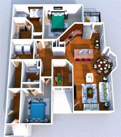 3d floor plan of a house with bedrooms and a living room